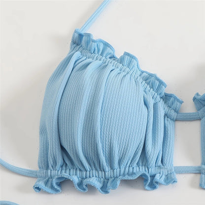 Light Blue Ribbed String Halter Swimwear Ruffled Bandeau Bikinis Sets Micro Thong Swimsuit Woman 2025 Bathing Suit Bikini Dames