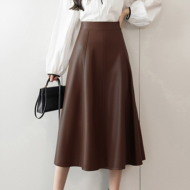 Plus Size 5XL ZANZEA Women PU Leather Midi Jupes Elegant Casual Autumn Loose High Waist Skirt Solid Skirt High Waisted Falda