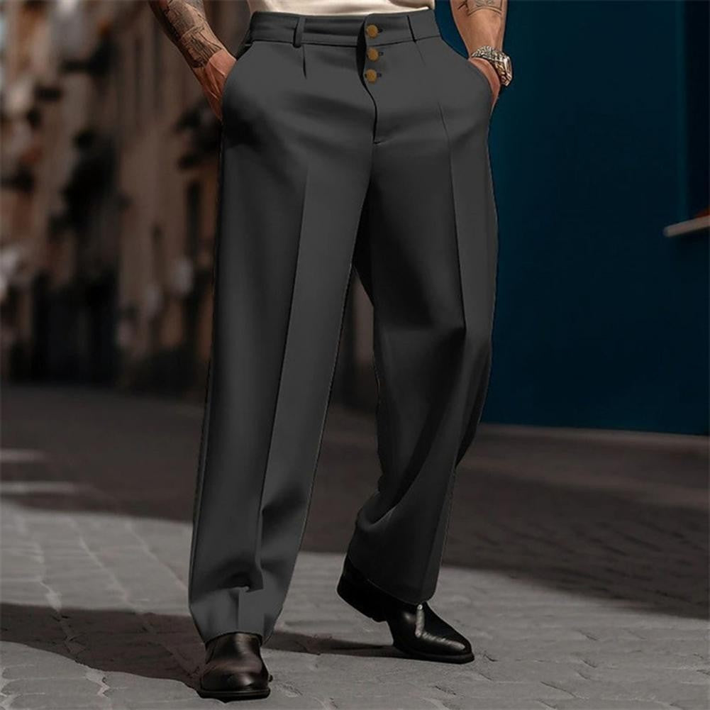 Men Suit Pants Elegant Men's Business Suit Pants with Straight Loose Fit Soft Pockets Button Closure Mid Waist Formal for Office
