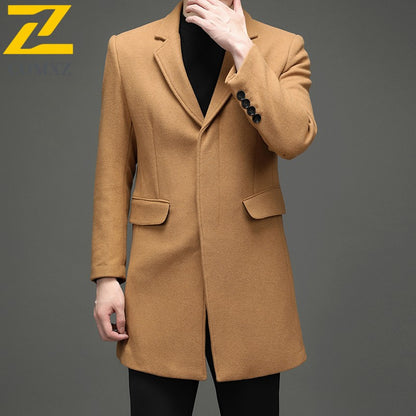 COMXZ 2025 Winter Woolen Trench Coat Men Retro Thick Cashmere Coat Korean Street Man Clothes Lightw Luxury Wool Blends Overcoat