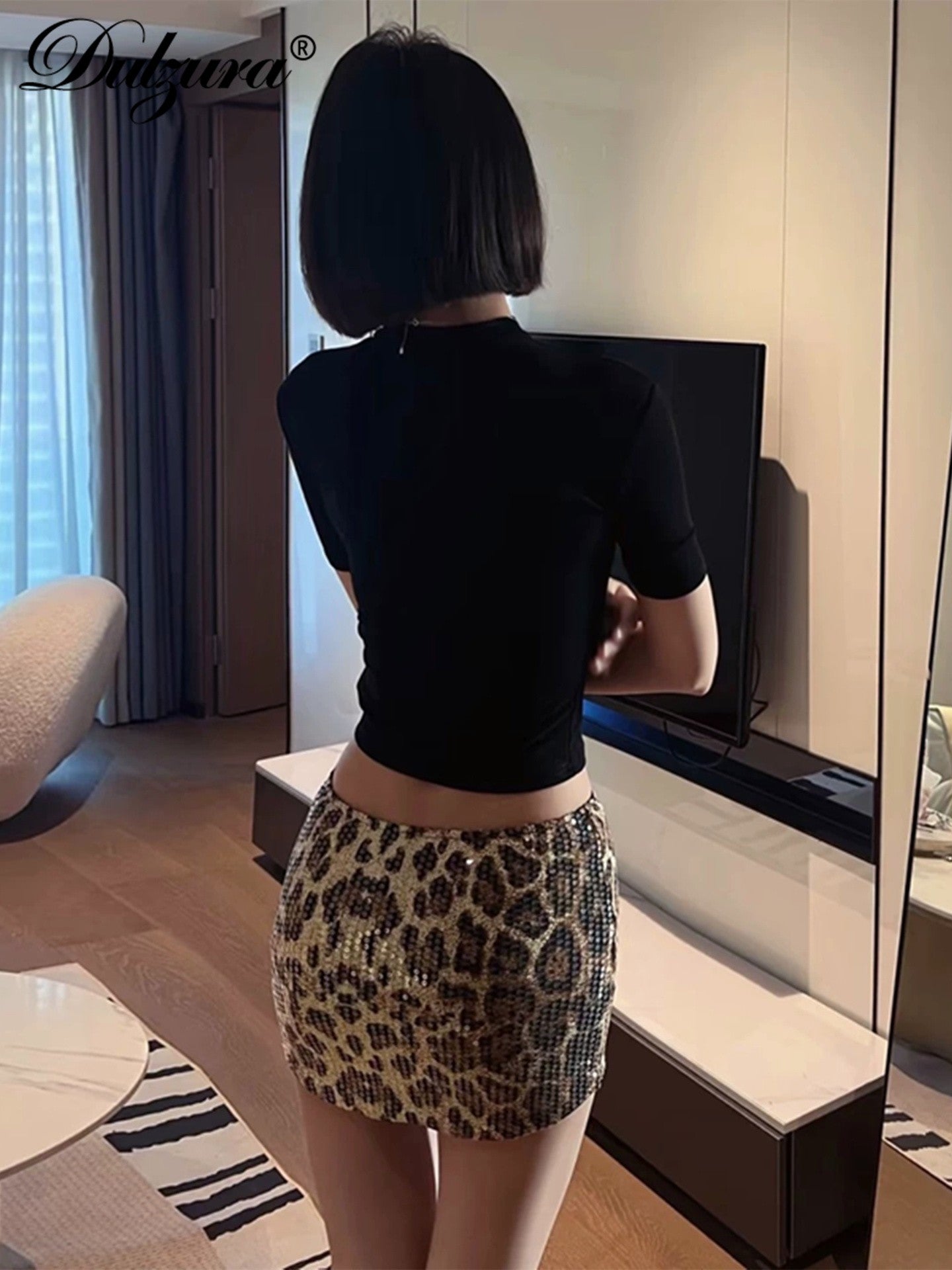 Dulzura Summer Latest Fashion Elegant High Waist Sequins Sexy Slim Leopard Print Short Skirt Party Club Street Clothes Wholesale