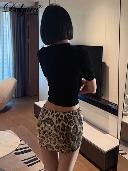 Dulzura Summer Latest Fashion Elegant High Waist Sequins Sexy Slim Leopard Print Short Skirt Party Club Street Clothes Wholesale