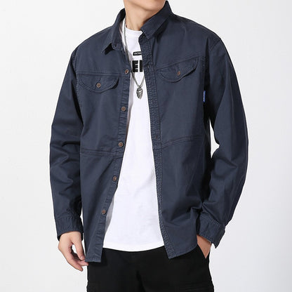 Men Slim Fit Turn-Down Collar Loose Cargo Shrit Spring Autumn Casual Wash Cotton Safari Style Jacket with Multiple Pockets Coat