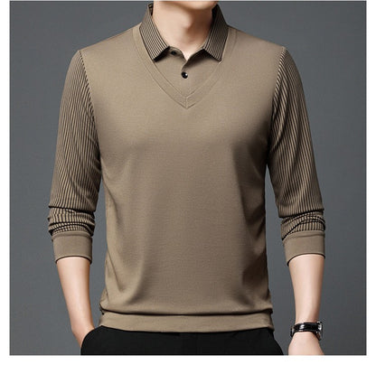 Fashion Fake Two-piece Men Long Sleeve Shirt Stripe Splice Lapel Loose Casual Pullover Tops 2025 Male Formal Business Polo Shirt