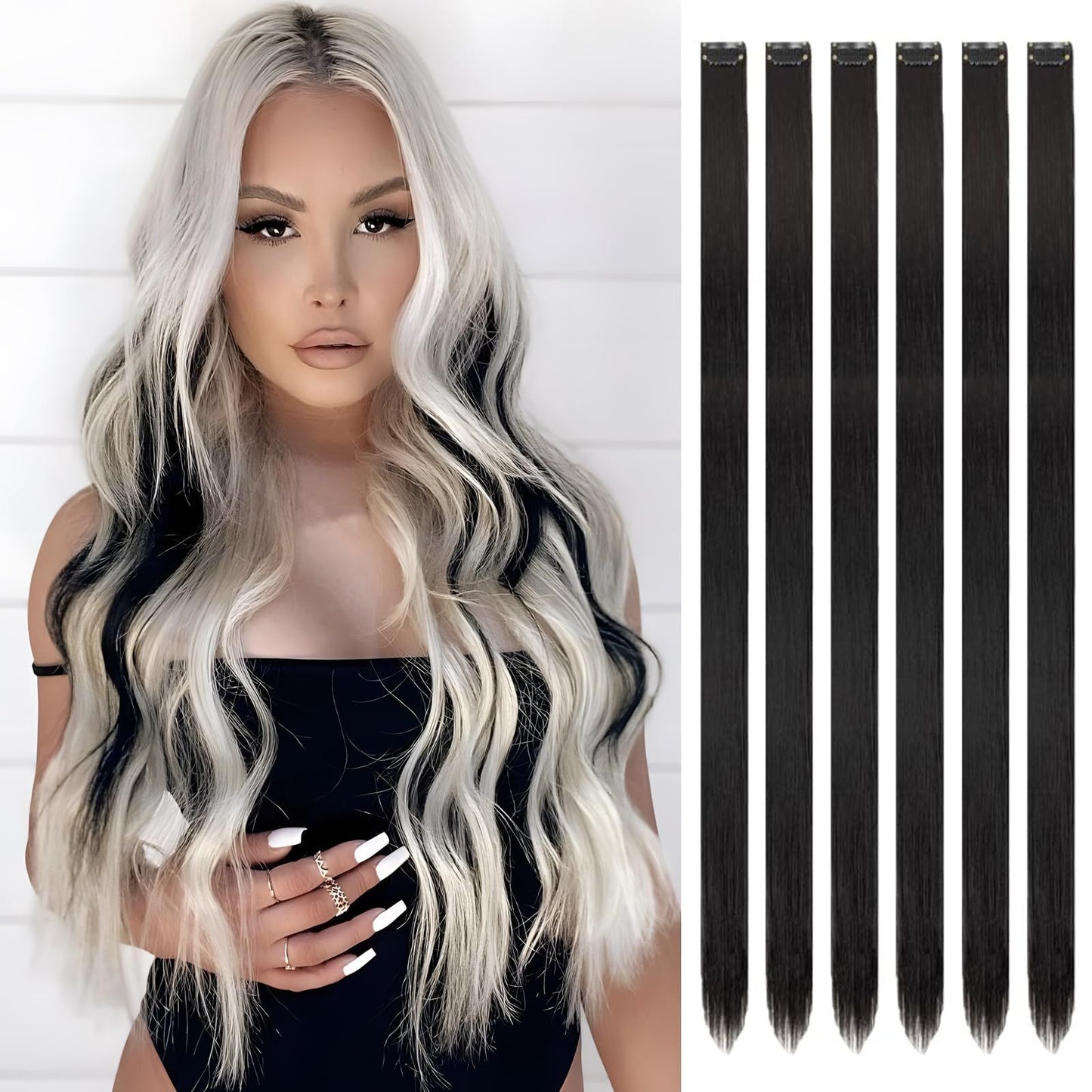 6 Pcs Clip Extensions, 24 Inch Colored Hair Extensions Party Highlights Long Straight Synthetic Hairpieces for Women Kids Girl