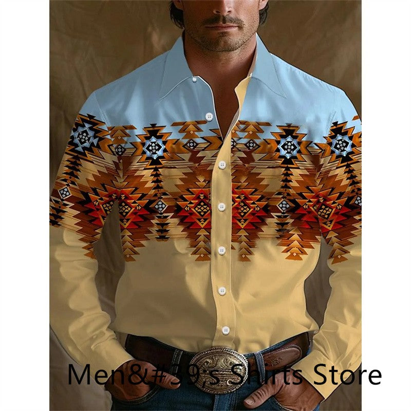 Vintage Men's Shirt 3D Printing Western Cowboy Shirt Casual Fashion Daily Vacation Long Sleeve Shirt Hawaiian Men's Clothing