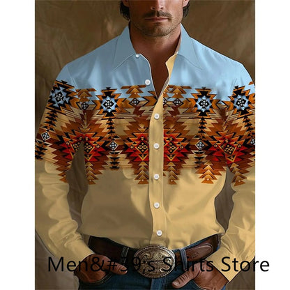 Vintage Men's Shirt 3D Printing Western Cowboy Shirt Casual Fashion Daily Vacation Long Sleeve Shirt Hawaiian Men's Clothing