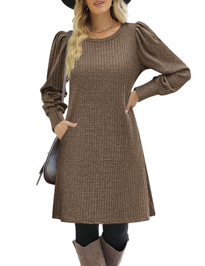 Y2K autumn and winter women's crew neck solid color sweater bubble sleeve fashion commuter dress comfortable casual loose dress