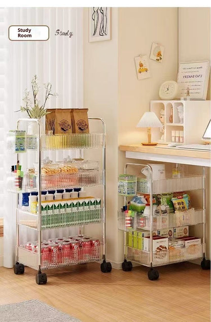 Prateleira de armazenamento móvel para banheiro para lanches, brinquedos e cosméticos multi-camadas, carrinho pequeno transparente