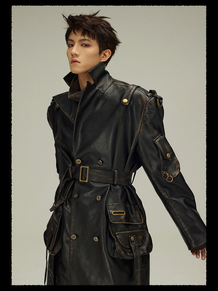 Mauroicardi Spring Autumn Long  Distressed Black Pu Leather Trench Coat Men Belt Double Breasted Luxury European Fashion 2023