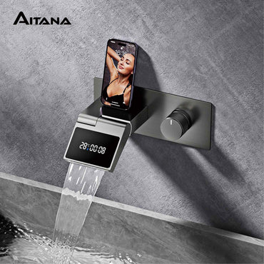 Luxury gun gray brass wall mounted bathroom faucet with LED digital display Single handle hot & cold water embedded bathroom Tap