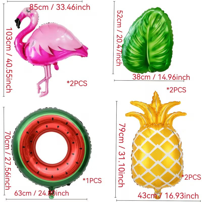 7pcs Hawaiian Pie Decoration Balloon Set, including oversized flamingo balloons, palm leaf pineapple watermelon balloons, Hawaii