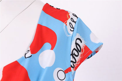 Fashion V-neck Short Sleeve Printed Christmas Dress Large Swing Vintage Elegant Xmas Party Dress