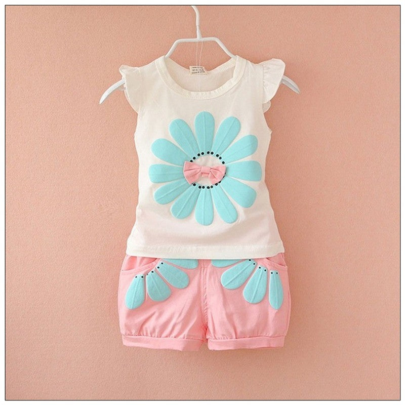 Summer Children Casual Clothes Suit Baby Girls Cute Cartoon Flowers Vest Shorts 2Pcs/Set Toddler Cotton Clothing Kids Tracksuits