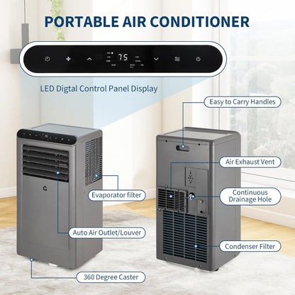 Ar Condicionado Portátil, 10000 BTU ASHRAE (6000 BTU DOE) para Cômodos de até 450 Pés Quadrados, Silencioso 3 em 1 com Função Ventilador e Controle Remoto