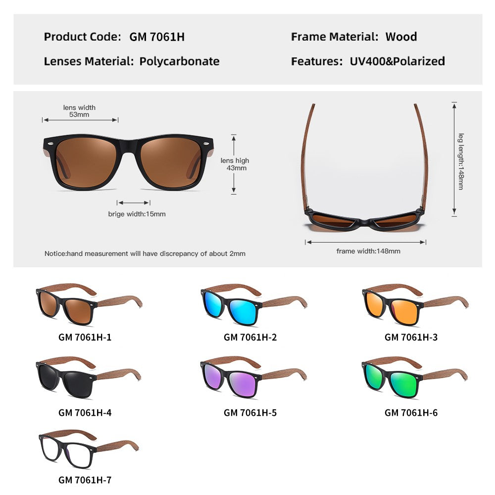 Óculos de Sol GM Ecológicos de Madeira de Nogueira Retrô UV400 Polarizados de Bambu Masculino Moderno Lente Anti-Azul 7061h