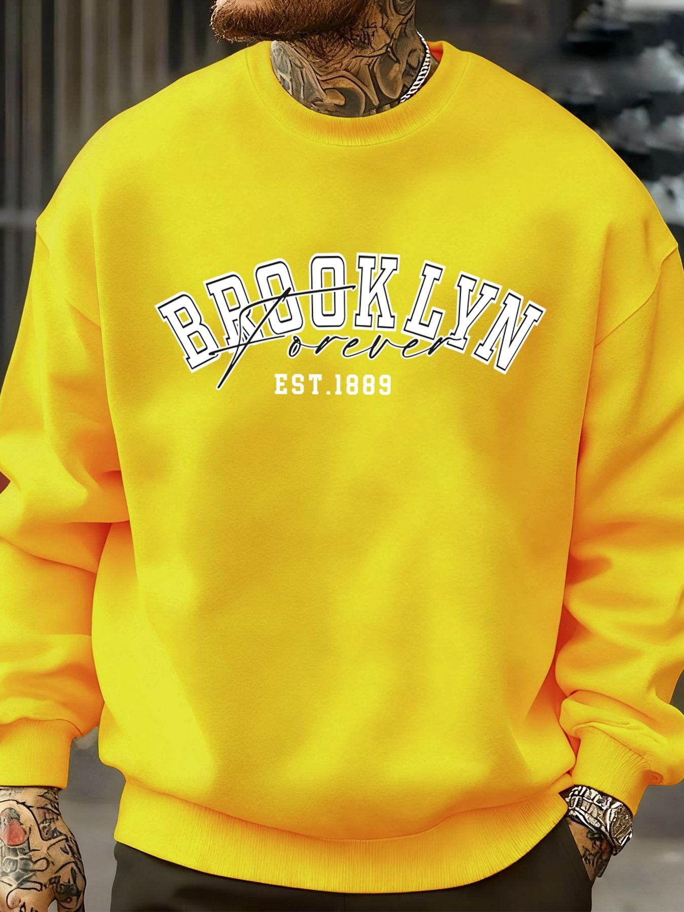 Brooklyn Forever Letter Design Men Sweatshirt Fleece Soft Clothes Trendy Loose All-Match Streetwear Crewneck Fashions Pullover