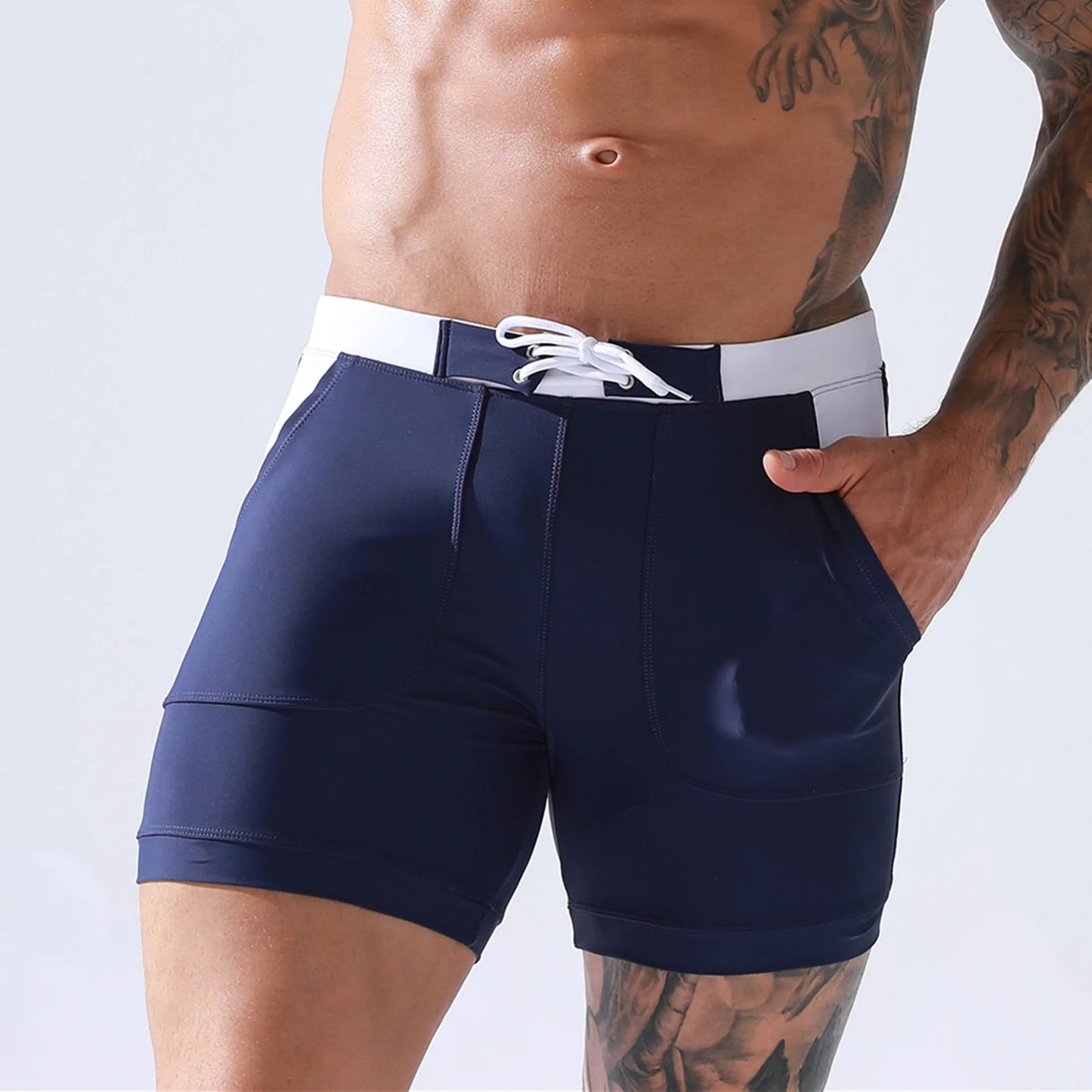 Men's Summer Swimwear Shorts Quick Dry Swimming Trunks Surf Board Solid Shorts Boxer Briefs Swimsuit Beach Sun Bathing Shorts