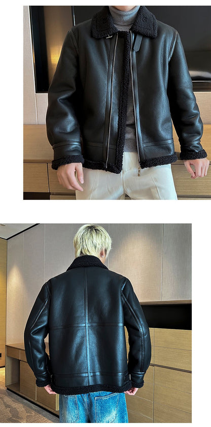 Autumn and winter warm thick leather jacket for men's trendy slim fit lapel motorcycle suit men's leather jacket