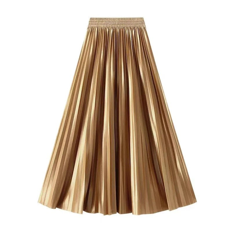 High Waist Satin Pleated Skirt 1 Meter Long Floor Length Pearl Glitter A- Line Umbrella Half Body Skirts Polyester Fiber