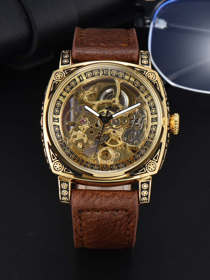 LONGLUX automatic watch retro style wholesale mechanical wristwatches skeleton carve waterproof leather no logo mens watch