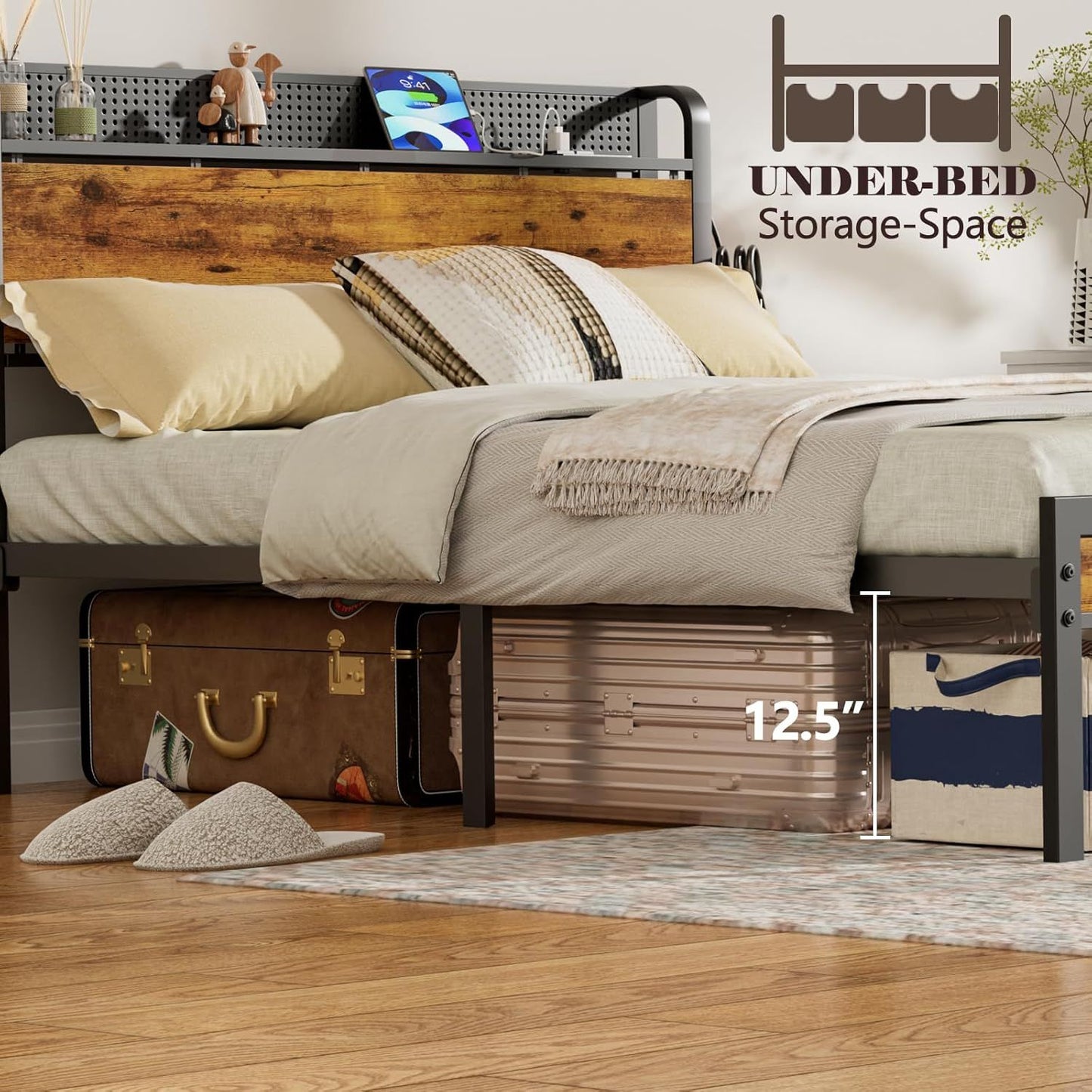 Cama Queen com Carregador e Luzes de LED, Cama Plataforma Queen Industrial com Cabeceira de Armazenamento, Porta USB