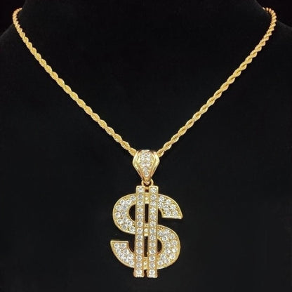 Colar com pingente de dólar hip-hop para homens e mulheres com corrente cubana de 13 mm, pingentes hip-hop cravejados, colares de joias modernas punk, presentes