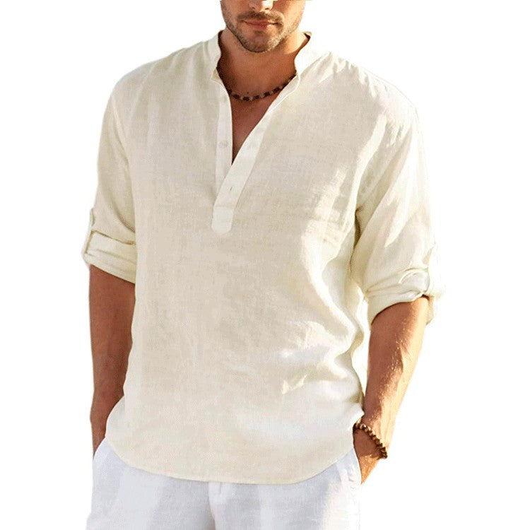 2023 New Men's Linen Long Sleeve Breathable Shirt Solid Color Casual  Basic Cotton Linen Shirt Tops  S-5XL