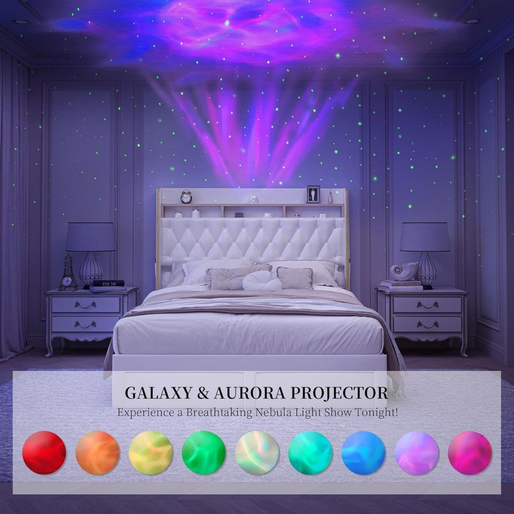Cama Queen LED com 2 Gavetas de Armazenamento, Plataformas Estofadas em PU com Projetor Estrelas Galáxia Estação de Carregamento e Alto-falante, Au