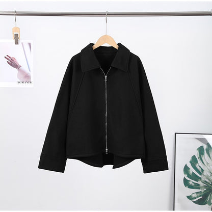 Woolen Zipper Loose Short Jacket Women Long Sleeve Lapel Solid 2025 Autumn Winter Commute Coat Street Office Warm Ladies Outwear