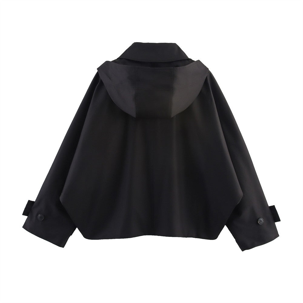 Autumn new European and American style hooded long sleeved lapel jacket single breasted trench coat short jacket