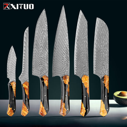 Conjunto de Facas de Chef XITUO Artesanais de Aço Damasco 1-5 peças, Facas de Cozinha Full Tang Extremamente Afiadas Santoku e Faca para Legumes, Cabo Ergonômico