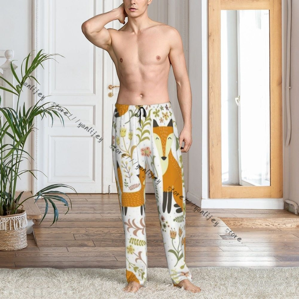 Men's Sleepwear Loose Sleep Pants Pajamas Cute Foxes Forest Long Lounge Bottoms Casual Homewear