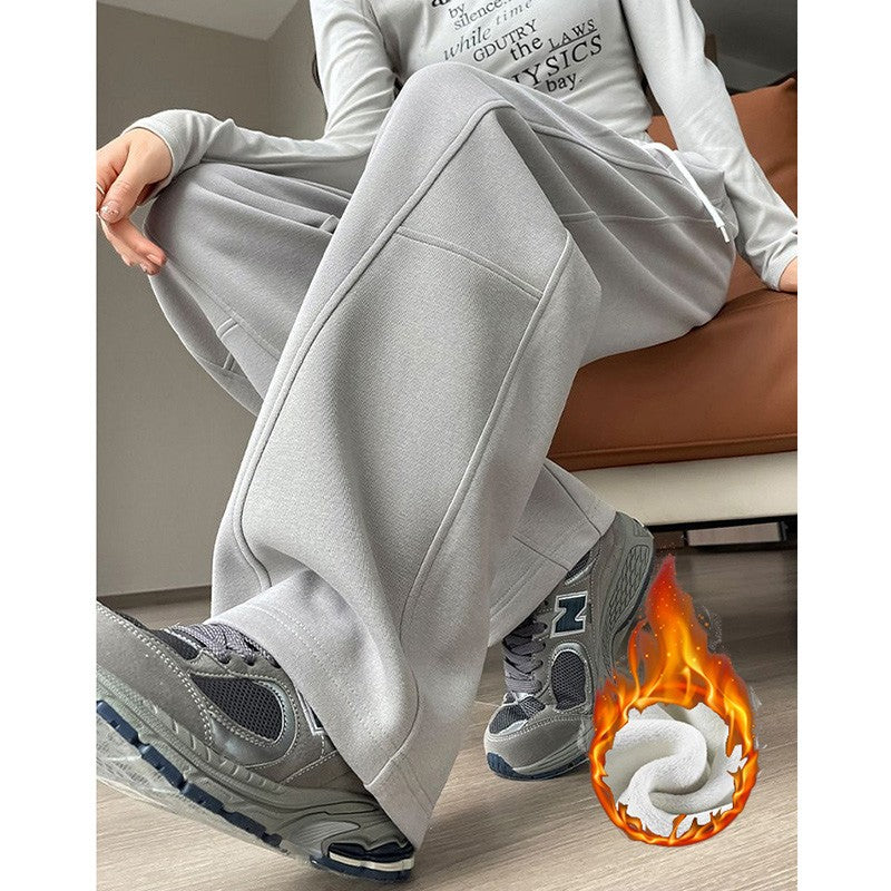 Winter Lady Hot Sale High Waist Thermal Plush Pants Women Chic Straight Leg Fleece Trousers Girls Snow Warm Casual Pants
