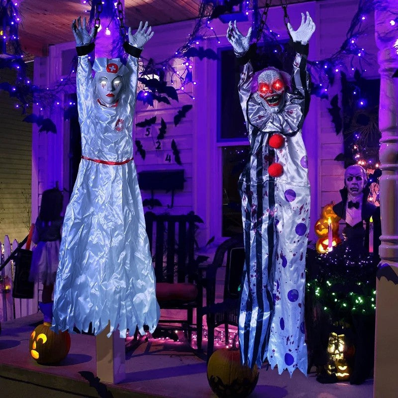 Decoração de Halloween Animatronics Palhaço Enfermeira Pendurado Controle por Voz Elétrico Exterior Assustador Liquidação Horror Adereços Casa Assombrada