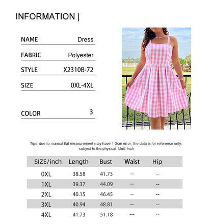 Plus Size Spring/Summer New Arrival Strapless Backless Dress Full Skirt Hem Holiday Beachwear Pink Checkered Dress
