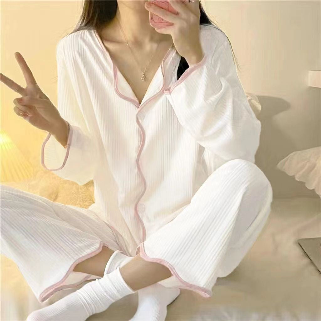 Ins style women's simple long sleeved long pants pajama set Spring/Autumn girl style solid color sweet cardigan home suit set