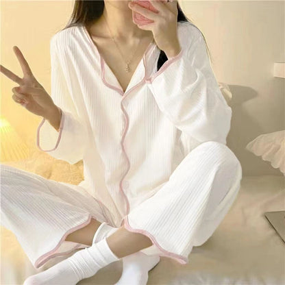 Ins style women's simple long sleeved long pants pajama set Spring/Autumn girl style solid color sweet cardigan home suit set
