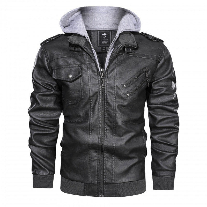 Men Jackets Fake Two Leather Jacket Double Zipper Removable Hooded Biker Leather Coat Male Cardigan Overcoat