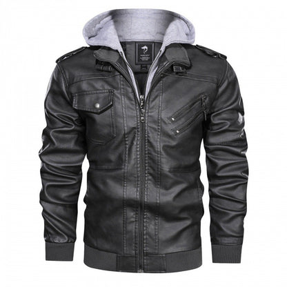 Men Jackets Fake Two Leather Jacket Double Zipper Removable Hooded Biker Leather Coat Male Cardigan Overcoat