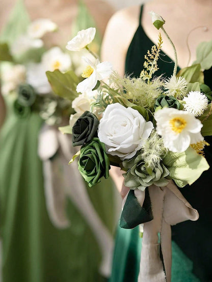 25pcs Artificial Roses, Green Gradient Artificial Rose Set - DIY Wedding Bouquet, Suitable For Wedding, Cake, Party Decoration