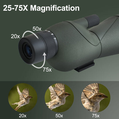 Telescópio Monocular 25-75x60 com Zoom Potente, FMC BAK4, Impermeável, para Observação de Pássaros e Tiro ao Alvo com Tripé