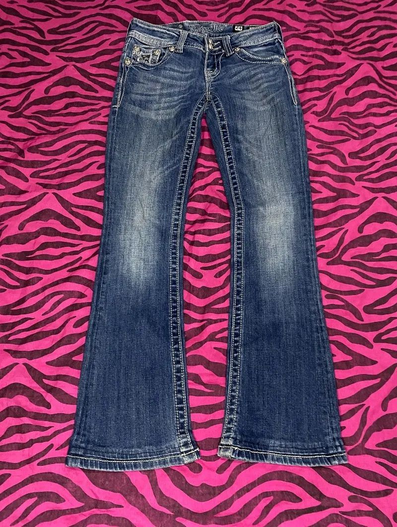 Retro Miss Me Boot Cut Jeans Female Y2K New Blue Jeans Embroidered Wing Pocket Hip Hop Harajuku Gothic Wide Pants Street Wear