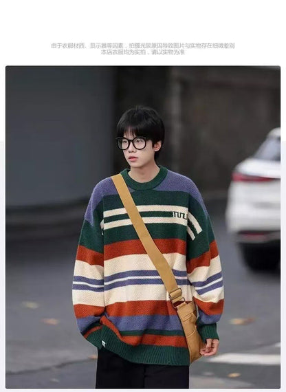 Simple Versatile Trendy Men's Crew Neck Sweater Contrasting Stripes Casual Loose Neutral Style Pullover