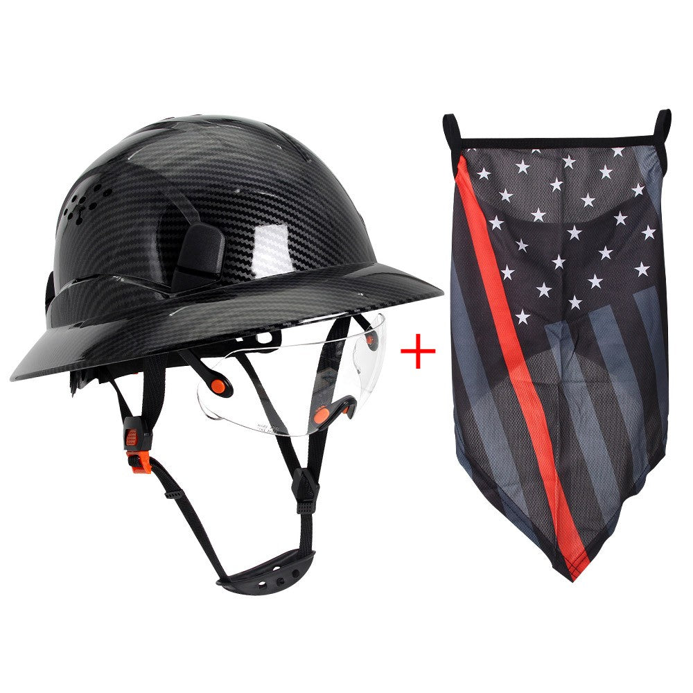 CE Carbon Fiber Full Brim Hard Hat w/ Built In Goggle Triangle Face Towel Construction Engineer  Safety Helmet ABS Safety Cap