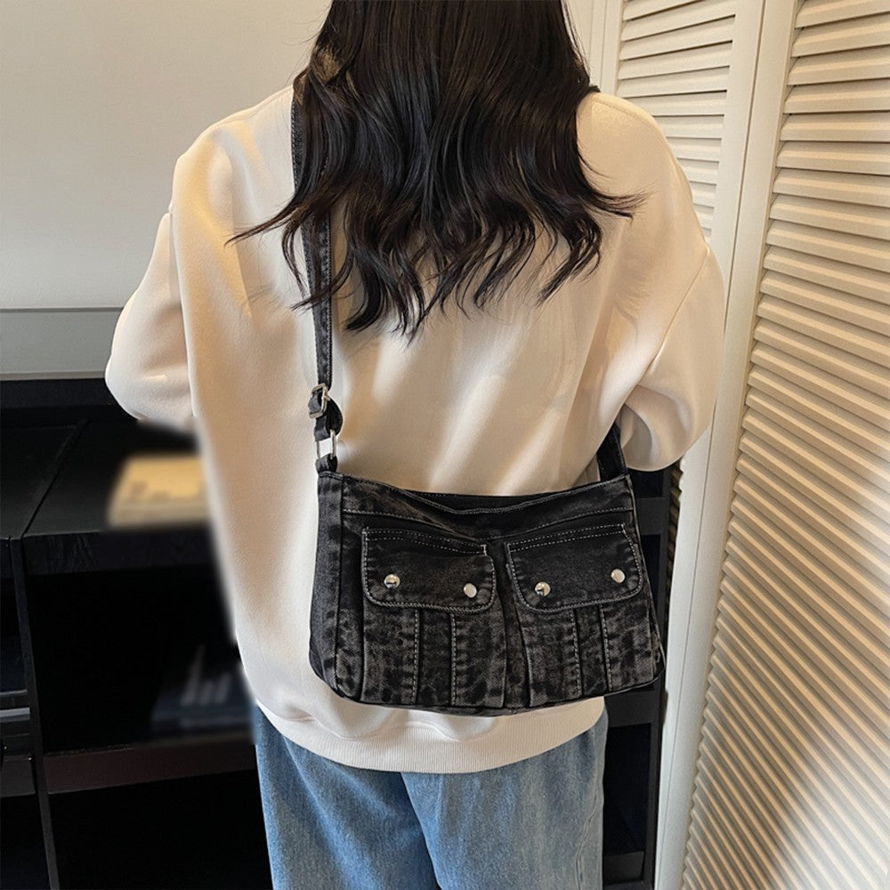 Vintage Washed Canvas Fashionable Bag, Women's Crossbody Bag, Large Capacity Commuting Casual Denim Shoulder Bag