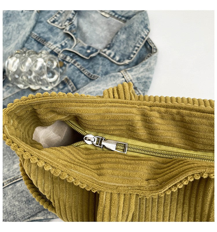 Casual Corduroy Handbag with Zipper Closure Light and Large Capacity Fixed Shoulder Strap Solid Color Daily Commuter Handbag