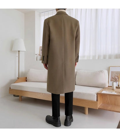 Mauroicardi Autumn Winter Long Warm Camel Black Woolen Coat Men Double Breasted Korean Style Wool Blends Overcoat with Back Slit