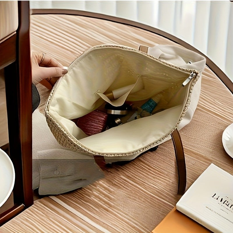 Fashionable and Versatile Women's Woven Bag with Zipper for Travel, Large Capacity Beach Bag, Handbag