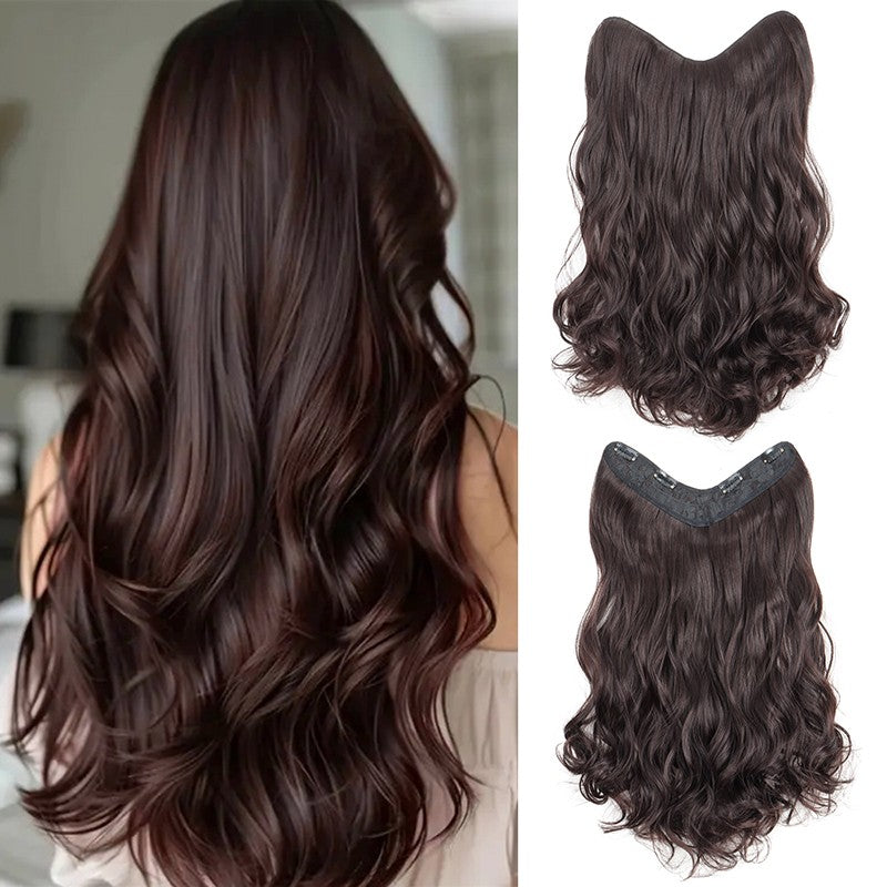 Extensão de Cabelo Sintético Longo Cacheado 24 polegadas em V Peça Única Fofa Invisível Castanho Preto para Mulheres